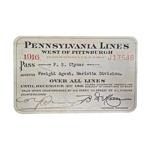 Pennsylvania Lines Other - 1916 Pennsylvania Lines Railroad Pass Freight Agent Marietta Division Signed